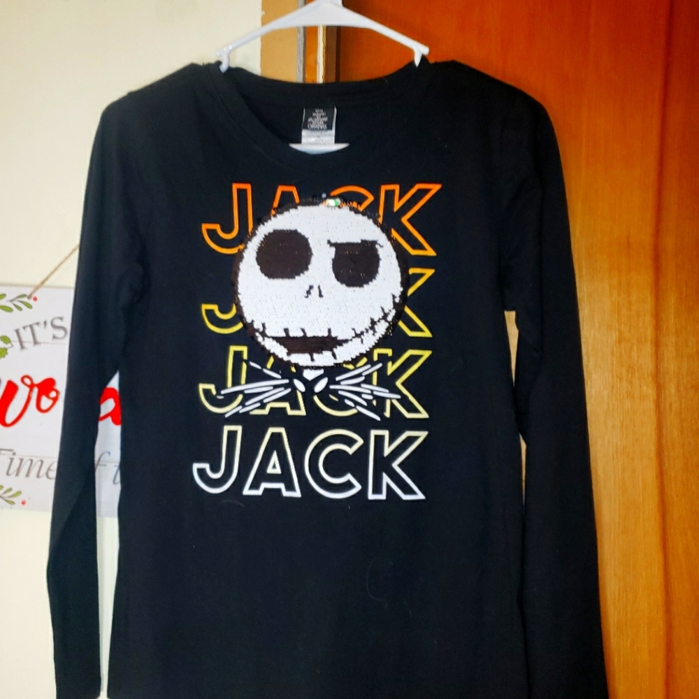 Black Sequin Jack Skellington Long Sleeve T-Shirt, Girls XL (14-16)